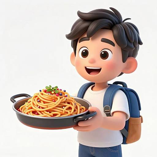 3D cartoon boy with black hair, wearing white shirt and blue jeans, backpack, holding black frying pan with spaghetti and garnish, smiling.