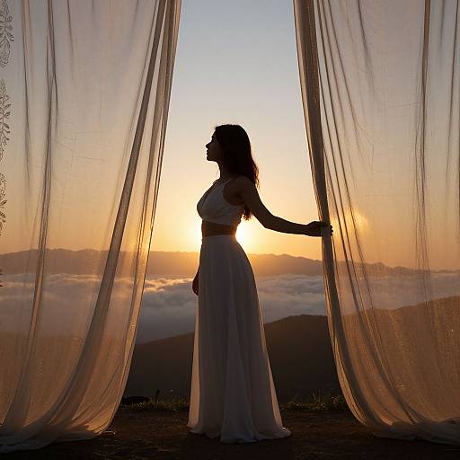Silhouetted woman in white dress, holding sheer curtains, standing at sunset with a mountainous horizon and clouds in the background.