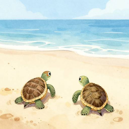 Digital illustration of two green sea turtles with brown shells walking on a sandy beach toward the blue ocean.