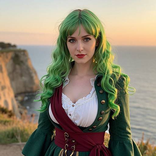 Photograph of a fair-skinned woman with green wavy hair, red lipstick, and a green medieval-style dress, standing against a coastal sunset backdrop