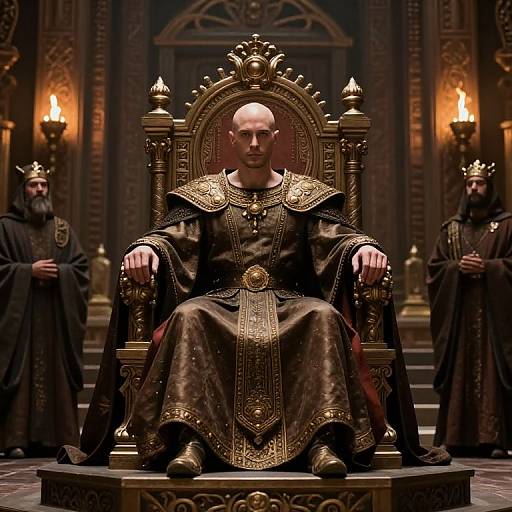 Bald King on Throne in Temple