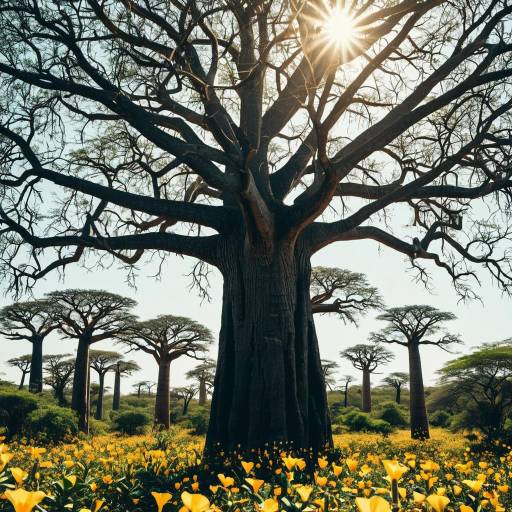 Sunlit Baobab Tree in Flower Meadow