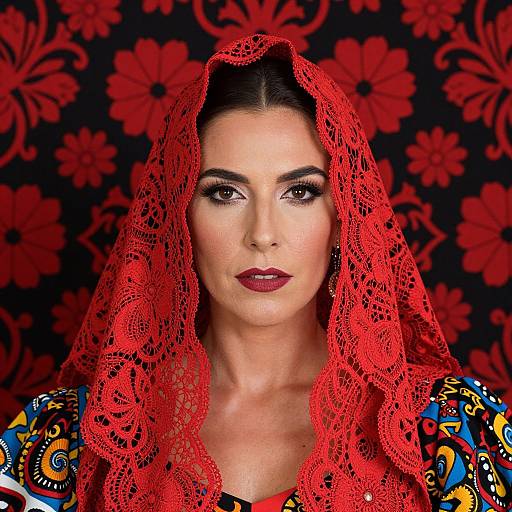 Photograph of a woman with fair skin, dark eyebrows, and red lipstick, wearing a bright red lace headscarf and colorful, patterned dress