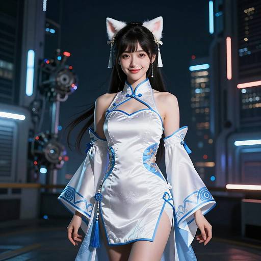 Digital CGI image of an Asian woman in a futuristic city, wearing a white, blue-accents, cat-eared, high-slit, silk