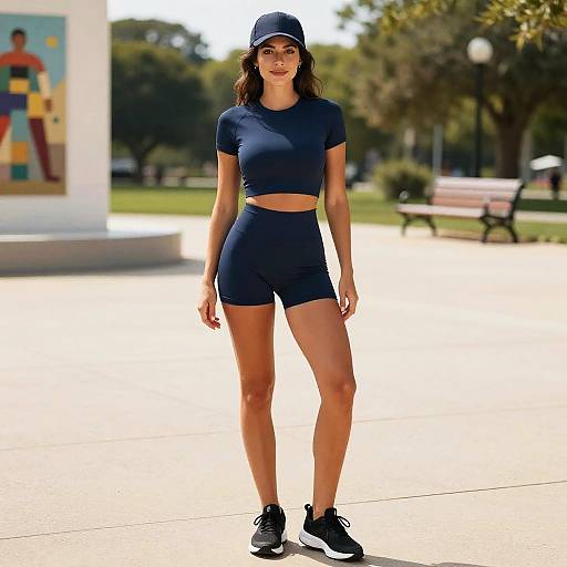 Photograph of a fit, tan-skinned woman with dark hair, wearing a navy cap, crop top, and high-waisted shorts, standing