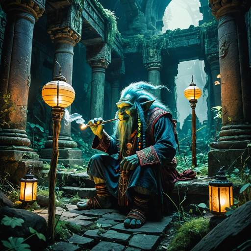 Troll Bard Playing Reed Pipe in Ancient Ruins