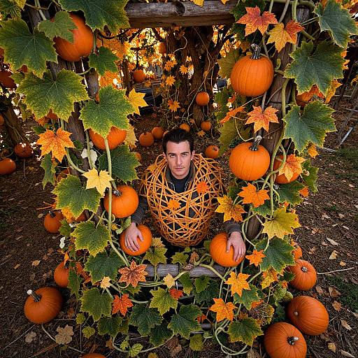 Photograph of a man with short brown hair, wearing a black shirt, peering through an orange pumpkin and autumn leaf wreath frame, surrounded by