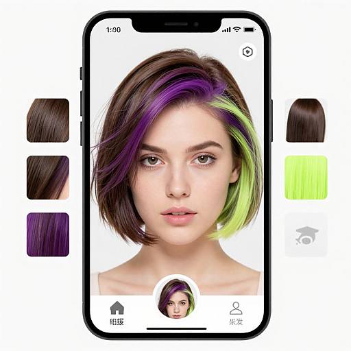 Photograph of a woman with short, dark brown hair featuring vibrant purple and green highlights, displayed on a smartphone screen with color swatches on either side