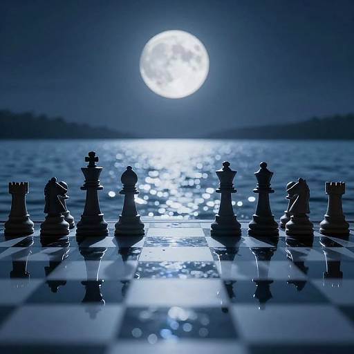 Photograph of a chessboard with silhouetted chess pieces under a full moon, shining brightly over a reflective, shimmering lake.