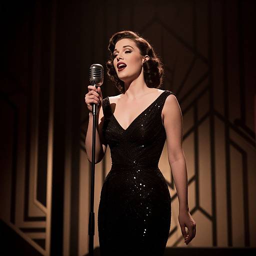 Photograph of a fair-skinned woman with dark, wavy hair singing into a vintage microphone on stage, wearing a black, sparkling, sleeveless