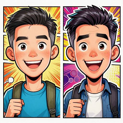 Digital cartoon of two smiling, young Asian boys with black hair, holding backpack straps, wearing blue shirts, against colorful comic backgrounds.