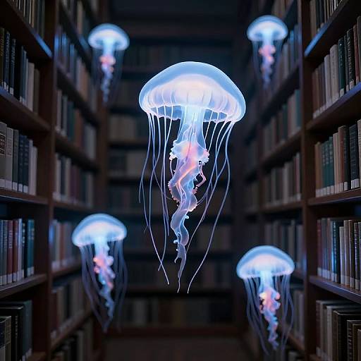 Photograph of glowing blue jellyfish floating in a dimly lit, narrow library aisle with tall, dark wooden bookshelves on both sides.
