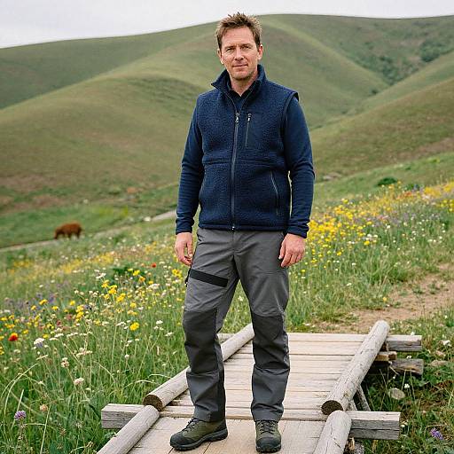 Photograph of a middle-aged man with short brown hair, wearing a navy fleece and gray pants, standing on a wooden bridge in a lush, green