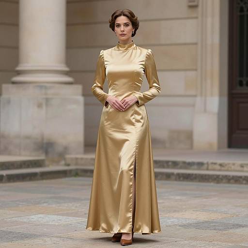 Woman in Elegant Gold Satin Dress