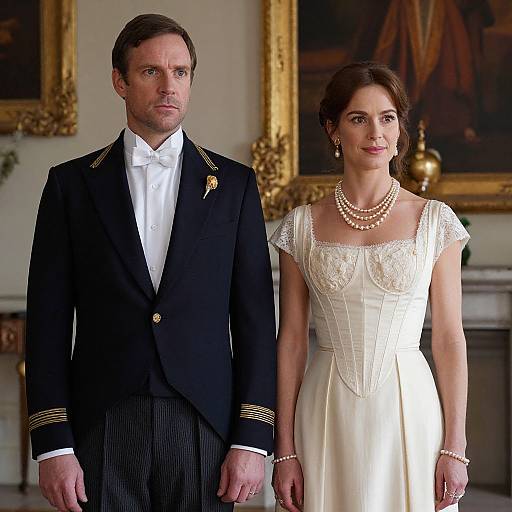 Photograph of a formally dressed couple; man in black military-style jacket, woman in white lace gown with pearl necklace, standing in elegant room with gold
