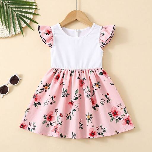 Photograph of a pink floral dress with white bodice, black trim, hanging on a wooden hanger, with sunglasses and palm leaves nearby.