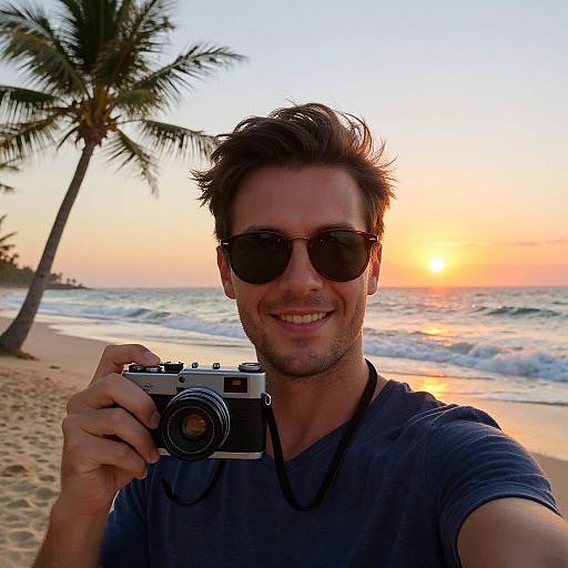 Photograph of a smiling man with short brown hair, wearing sunglasses and a blue shirt, taking a beach selfie at sunset with a camera, palm trees