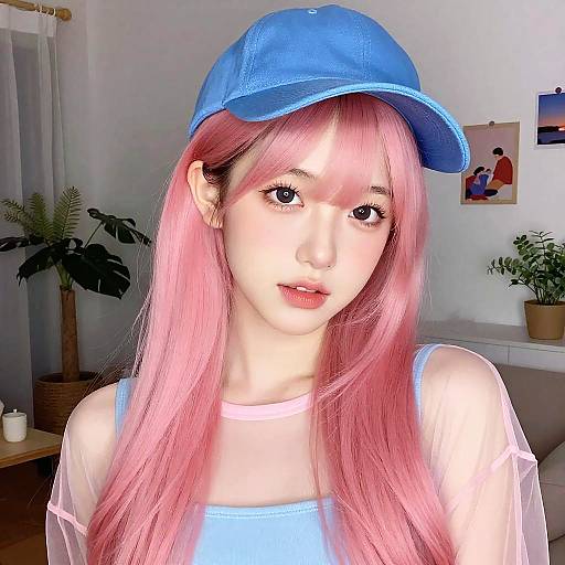 Photograph of an Asian woman with long pink hair, wearing a blue cap and sheer top, standing in a brightly lit room with plants and artwork in