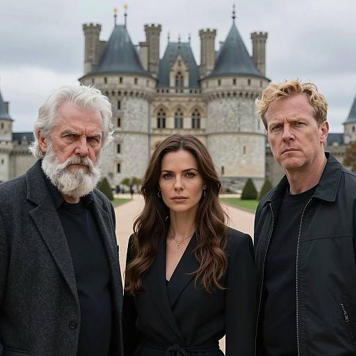 Three adults standing in front of castle