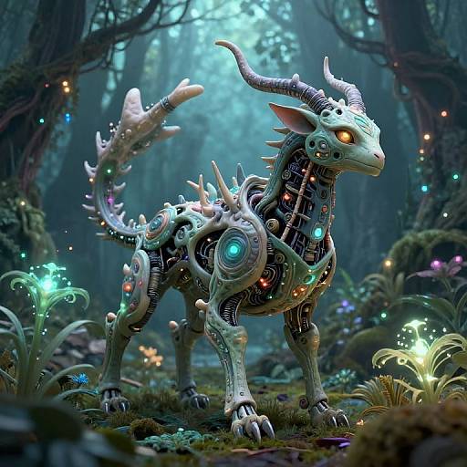 Digital art of a glowing, cybernetic dragon with metallic horns and bioluminescent lights, standing in a mystical forest with enchanted plants and eth