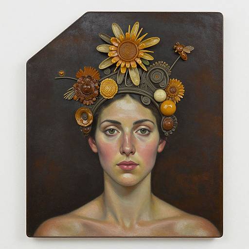 Digital painting of a young woman with fair skin and pink cheeks, wearing a detailed, ornate sunflower and floral headpiece, against a dark background