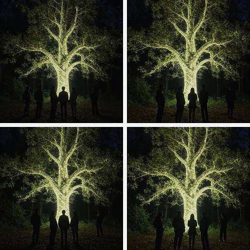 Photograph of a glowing, illuminated tree at night, with silhouetted people standing around its bright, yellow-green branches. Four-panel collage.