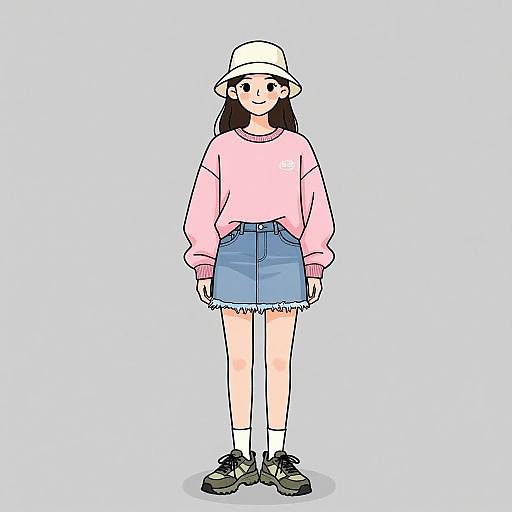 Digital illustration of a young woman with long black hair, wearing a pink sweatshirt, blue denim skirt, white bucket hat, and green sneakers, standing
