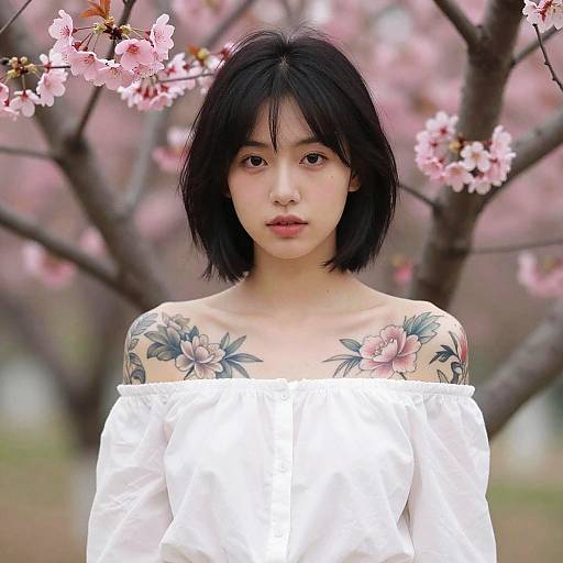 Asian woman with short black hair, floral shoulder tattoos, wearing off-shoulder white top, standing in blooming cherry blossom tree background. Photograph.