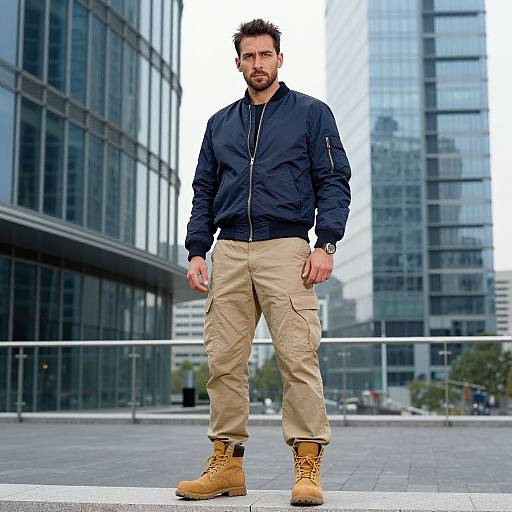 Photograph of a bearded man in a navy jacket, beige cargo pants, and tan boots, standing in front of modern glass buildings. Urban street