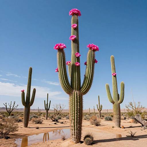 Photograph of a desert landscape with vibrant, pink-flowered saguaro cacti under a clear blue sky, surrounded by sandy terrain and sparse