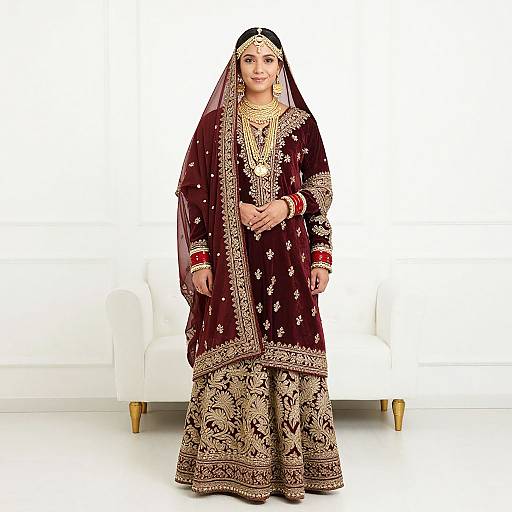 Photograph of an Indian woman in a maroon and gold embroidered traditional lehenga, with a sheer black veil, standing against a white background.