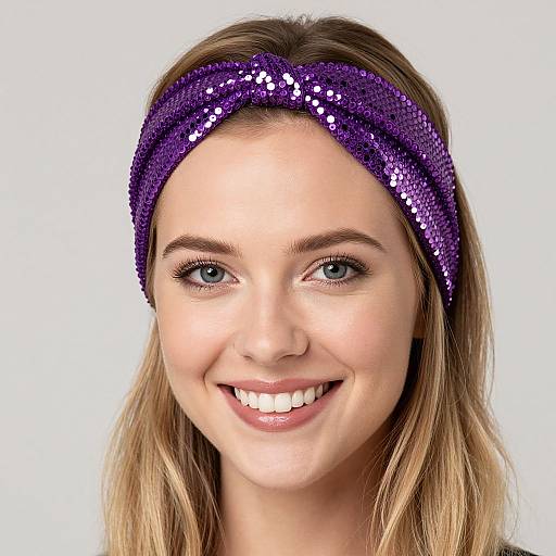 Photograph of a smiling young woman with blue eyes, wearing a sequined purple headband, against a plain white background.