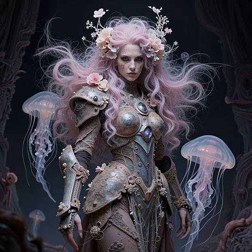 Digital fantasy artwork of a pale-skinned, pink-haired warrior woman with flowers in her hair, wearing ornate silver armor, surrounded by glowing jellyfish