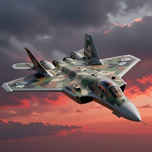 Photorealistic digital artwork of a camouflaged military jet fighter soaring against a dramatic, colorful sunset sky with dark clouds.
