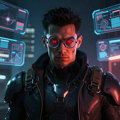 Cyberpunk male with red glowing eyes, black leather armor, and round glasses, stands in front of neon-lit holographic screens.