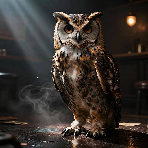 Photorealistic digital art of a focused, brown and white speckled owl with intense yellow eyes, standing on a reflective, dark bar floor under