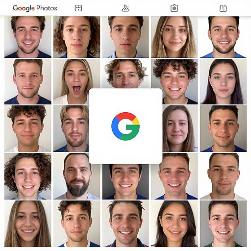 Grid of 20 diverse Google Photos headshots, featuring various smiling men and women with different hair colors and styles, centered around the Google Photos logo.