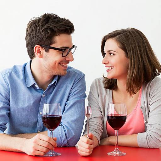 Photograph of smiling, dark-haired couple with glasses, blue shirt, pink tank top, and red table, holding wine glasses against white background.