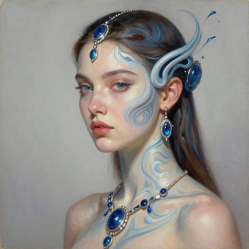 Digital painting of a fair-skinned woman with blue tribal markings, wearing blue gemstone jewelry, featuring flowing brown hair and white-blue horn-like adornment