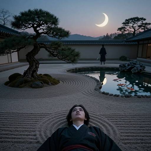 Photograph of a serene Japanese garden at twilight with a crescent moon, a woman in kimono lying on raked gravel, and a lone figure