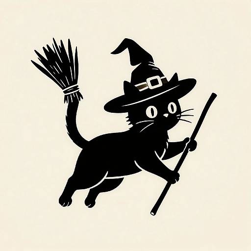 Black silhouette of a cat in a witch hat, flying with a broomstick, holding a wand in its right paw.