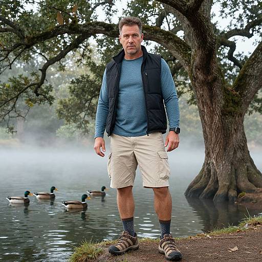 Photograph of a middle-aged man in a blue shirt, black vest, beige shorts, and hiking shoes, standing by a misty lake with ducks