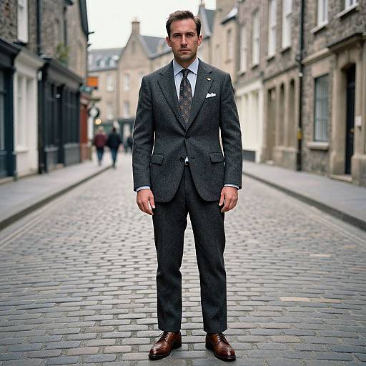 Photograph of a handsome man in a dark gray, patterned suit, white shirt, and brown tie, standing on a cobblestone street in