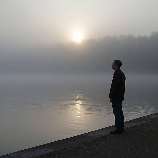 Photograph of a silhouetted man in profile, standing on a misty lakeshore at sunrise, wearing a dark jacket and jeans.