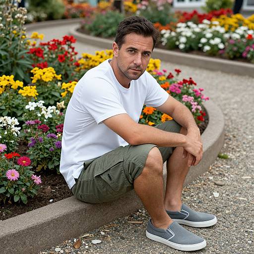 Photograph of a middle-aged man with short dark hair, wearing a white t-shirt, olive green cargo shorts, and gray sneakers, sitting on a