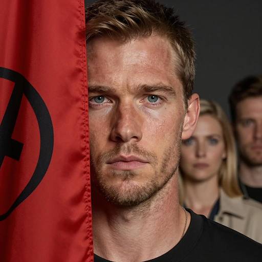 Serious Man with Red Flag and Background Figures