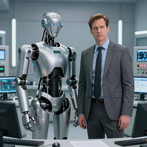 Futuristic Lab: Man and Humanoid Robot