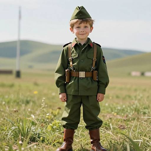 Young Boy in Military Uniform Outdoors