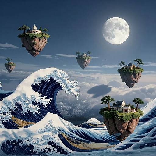 Digital artwork: Floating rock islands with houses and trees, above a massive ocean wave, under a full moonlit night sky.