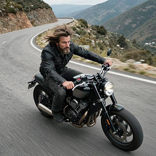Photograph of a bearded man with long brown hair riding a black motorcycle on a winding mountain road, surrounded by lush greenery and blue skies.